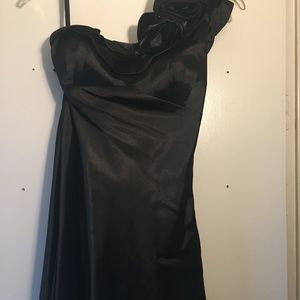 Black Satin Roman shoulder knee length dress with rose detail